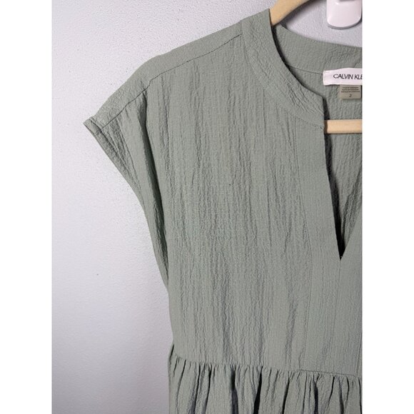 Calvin Klein Womens Textured Tiered Dress Size 2 Sage Green Split Neckline Tie - Picture 5 of 14